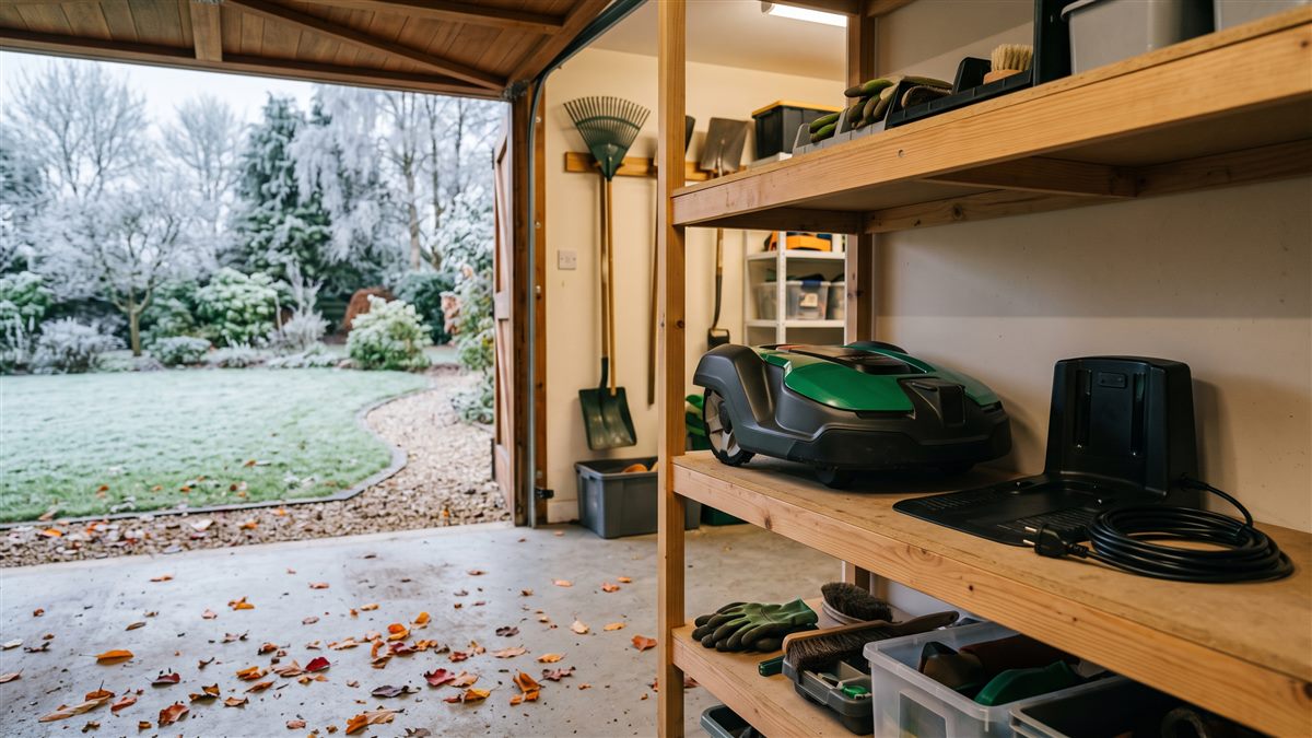 Green and black robot lawn mower stored on a garage shelf beside its unplugged charging base station with autumn leaves on the floor